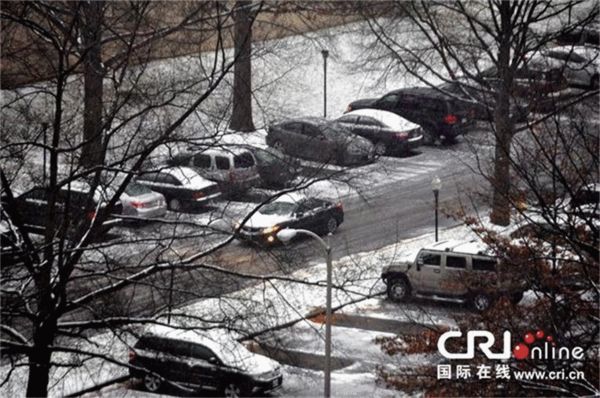 2013年12月8日，美国弗吉尼亚州阿灵顿一居民小区内，在雨雪天气中行驶的汽车。（张旭 摄）