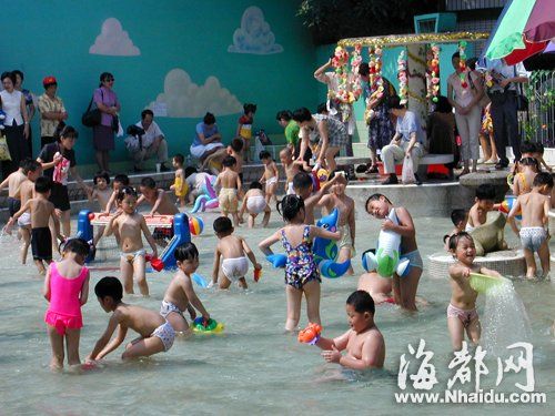 福州道山路一所幼儿园的游泳池里，小朋友们扎堆玩水