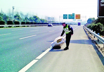 交警正在高速公路上清理垃圾。 周 波 摄
