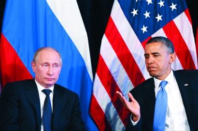 普京与奥巴马面对媒体记者时表情冷漠