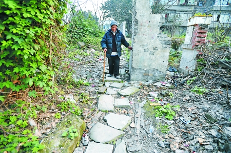 昨日，大渡口区，徐建高老人走在他铺成的石子路上。